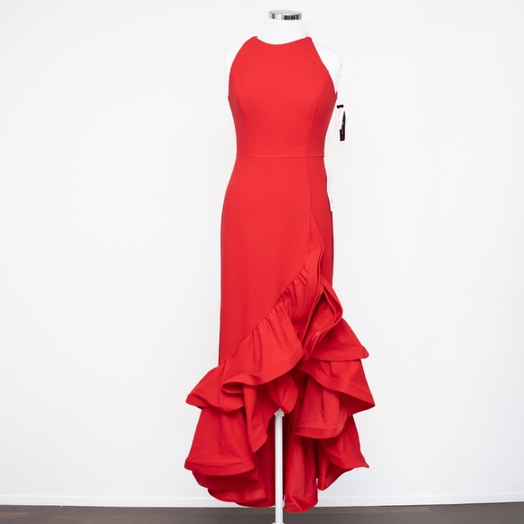 Betsy & Adam Arielle Scuba Crepe Ruffle Slit Gown - Picture 1 of 11